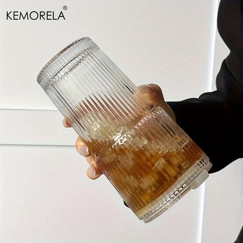 600 ml Streifen-Glas-Kaffeetasse mit Deckel und ohne Deckel, Strohhalm, transparente Trinkgläser für Saft, Eiskaffeetassen, Trinkgeschirr