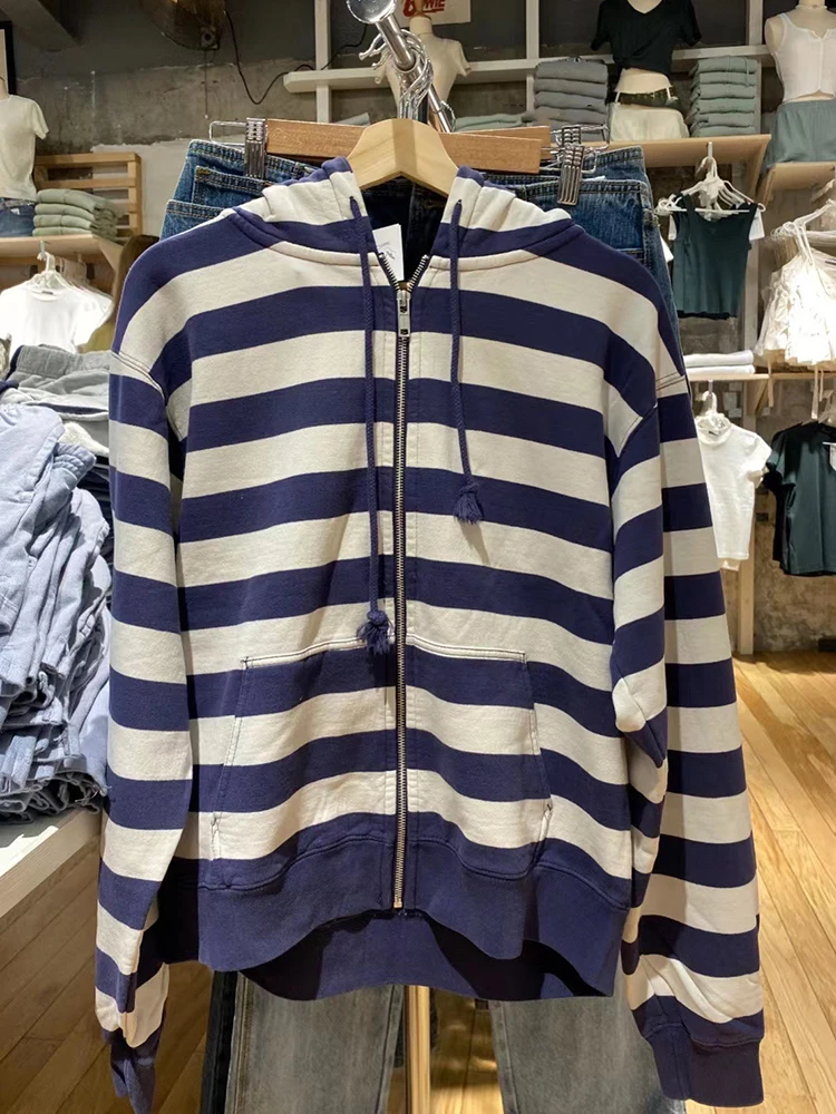 Sudadera con capucha a rayas con cremallera para mujer, Sudadera con capucha y cordón de bolsillo de algodón para otoño, ropa de calle Y2k, Tops holgados Vintage, chaqueta