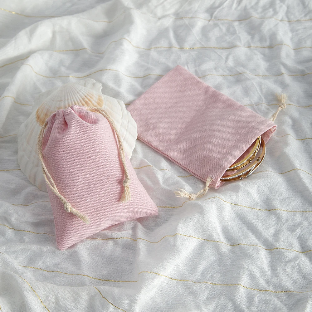 Bolsa de almacenamiento de accesorios de joyería, color rosa, para fiesta de cumpleaños, boda, anillo, pendiente, collar, regalo, bolsas con cordón de algodón Natural, 10 Uds.