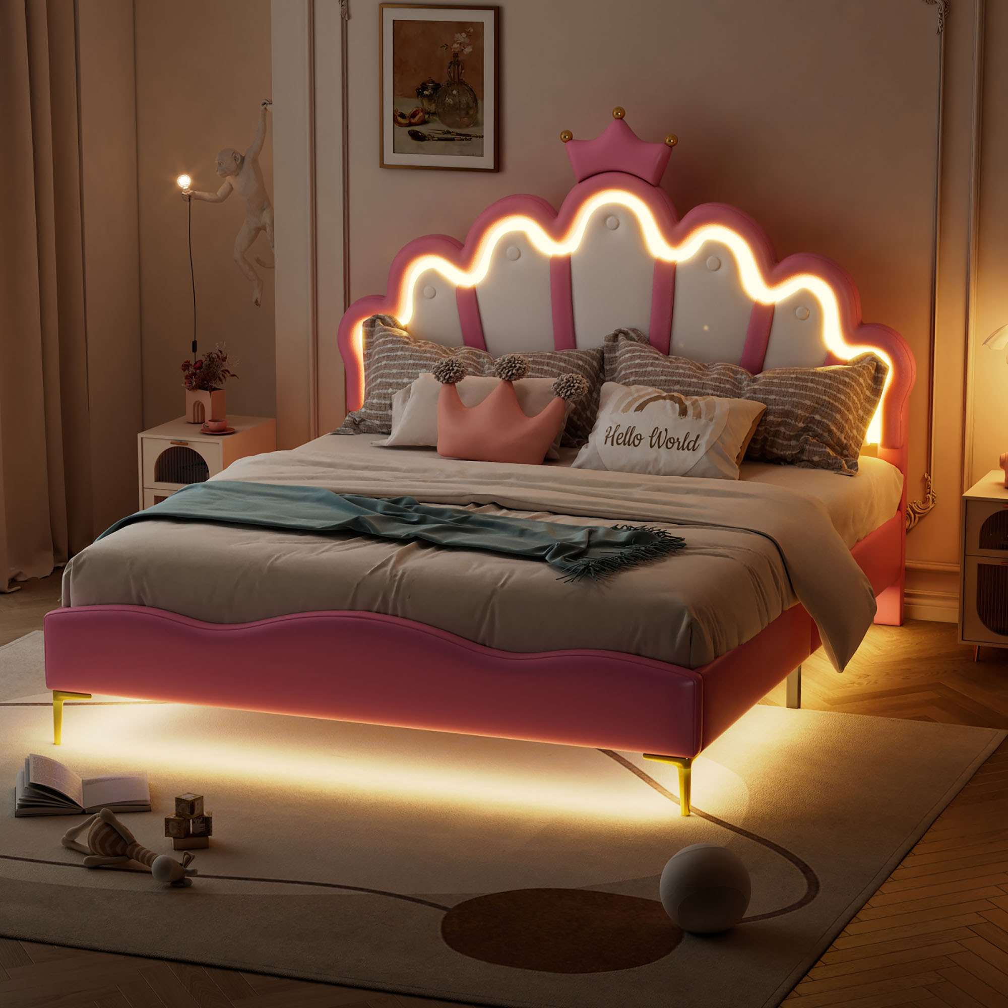 Letto matrimoniale piatto 140x200 cm, letto principessa a forma di corona, rivestimento morbido in pelle PU, struttura letto per bambini per ragazza
