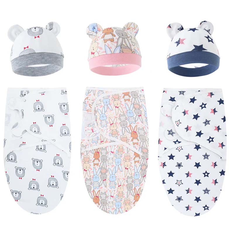 Fascia per neonato in cotone con stampa di cartoni animati, set di cappelli per coperte per bambini, per tutte le stagioni, fasciatoio per neonato regolabile, 0-6 mesi