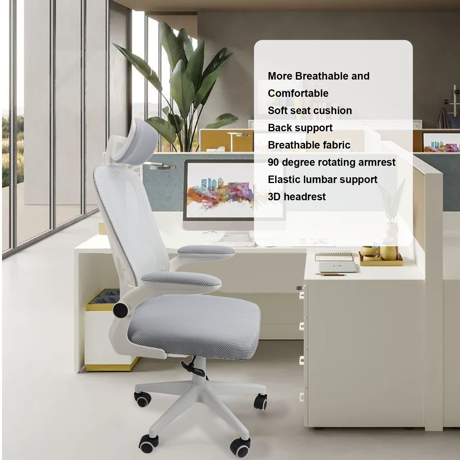 Chair 90 Degree Rotating Armrests Comfortable Computer Chair 3D Headrest Elastic Lumbar Support Breathable for Work