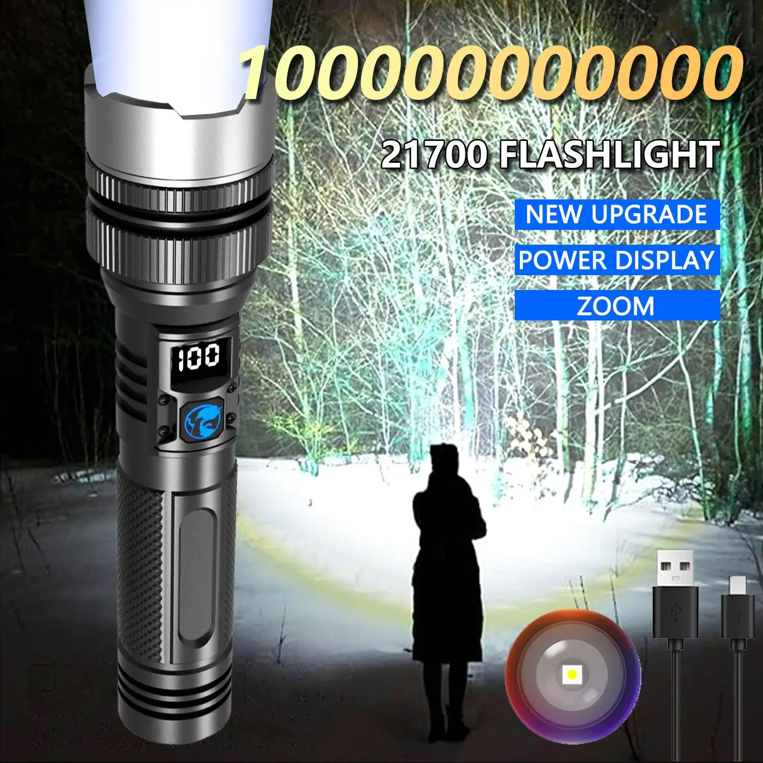 Linternas LED recargables de nueva actualización de 1000 000 000 000lm, 3 modos de iluminación, batería de 21700 de linterna con zoom telescópico