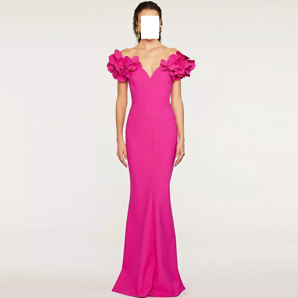 Vestido de noche personalizado con flores en 3D, Jersey de sirena, Sexy, con cuello en V y hombros descubiertos, sin mangas, cola de barrido, largo hasta el suelo, cremallera en la espalda