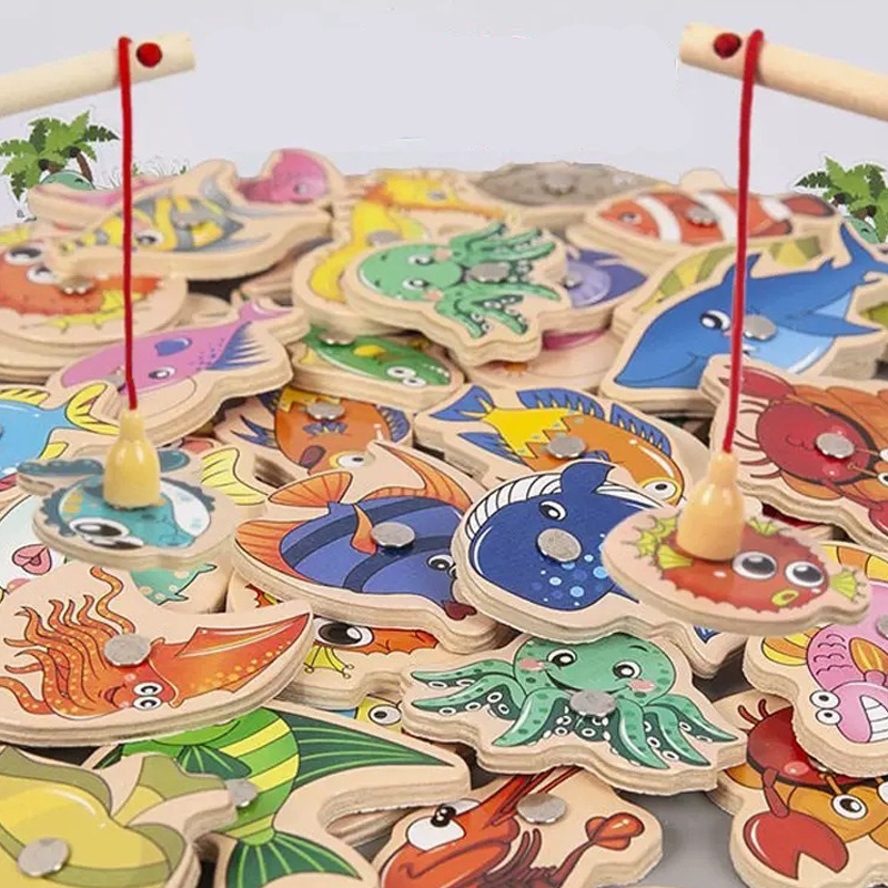 Juguetes de pesca magnéticos de madera Montessori para bebé, juegos de peces cognitivos de vida marina de dibujos animados, educación interactiva entre padres e hijos