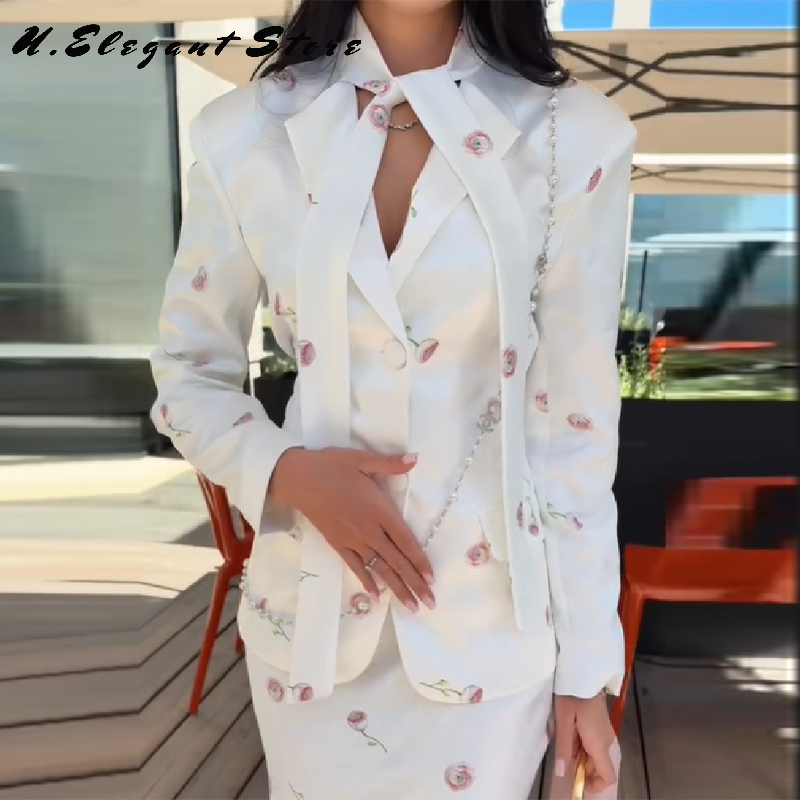 Chique Bloemen Gedrukt Satijnen Pak Rok Sets 2 Stuks Voor Vrouwen Revers Gewatteerde Schouder Pak Jas Lange Rok 2025 Nieuwe Dame Outfits