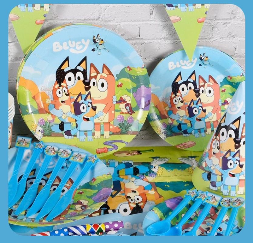 Suministros para banquetes de fiesta de cumpleaños con tema Bluey de dibujos animados, plato de papel, mantel, bandera, cuchillo, tenedor, cuchara, conjunto de pancarta, fiesta de cumpleaños para niños