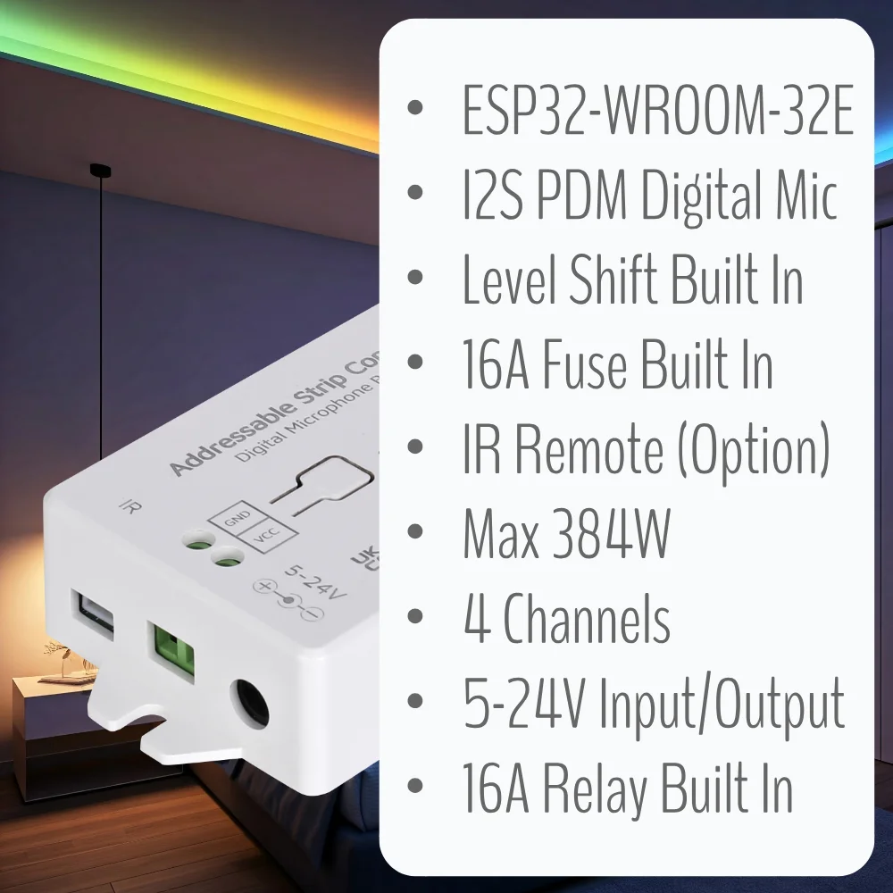IoTorero WLED ESP32 Контроллер адресных полос 4CH 16A Реле Встроенное WS2811 WS2812B WS2814 WS2815 Работает с домашним помощником