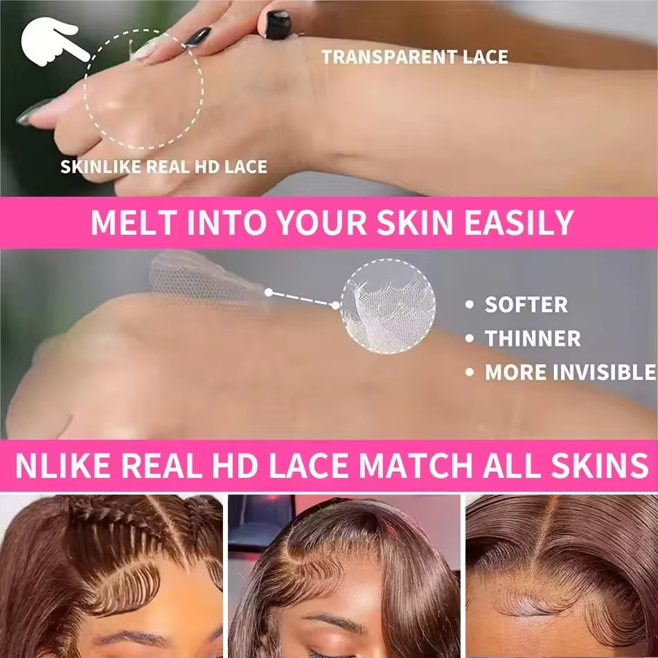 Dentelle transparente frontale complète 13x4 HD de densité 220 # 4 perruques de cheveux humains de perruque courte droite brun chocolat perruque pré plumée