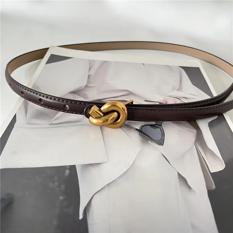 Cinturón fino ajustable a la moda, fajas de diseñador de cuero genuino de lujo para mujer, corsé coreano, cinturones con hebilla de nudo de Metal para mujer