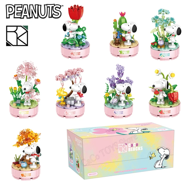 Blocos de construção de snoopy genuínos, caixa de quebra-cabeça de vida multifacetada, blocos de construção de plástico de desenho animado, cena da moda, cafeteria, brinquedos, presente