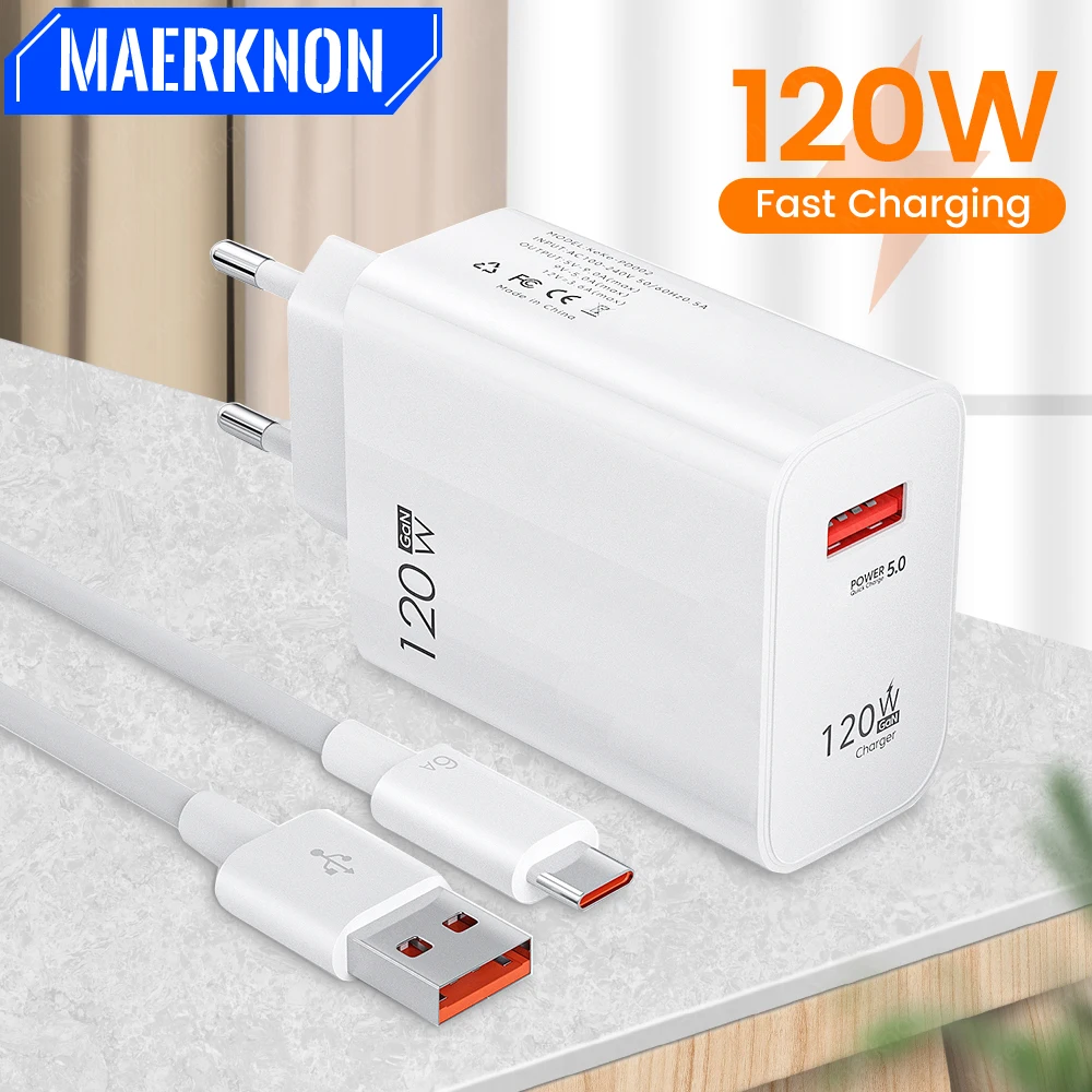 Cargador USB de 120W de carga rápida, adaptador de cargador de teléfono con enchufe UE/EE. UU. para iPhone, Samsung, Xiaomi, Huawei, Cable tipo C, cargador de carga rápida