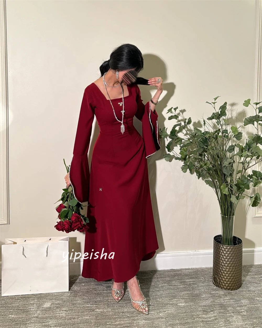 Customized Jiayigong  Simple Modern Style Formal Evening Square Collar A-line Sequineds Bespoke Occasion Dresses