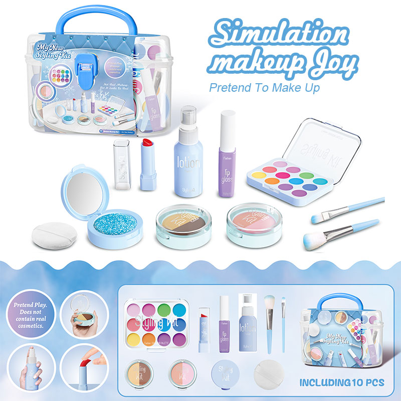 Pretend Makeup Playset, 10-Piece Non-Toxic Toy Cosmetics Set With Eyeshadow Palette, Lipstick, Applicators, (Not Real Makeup)