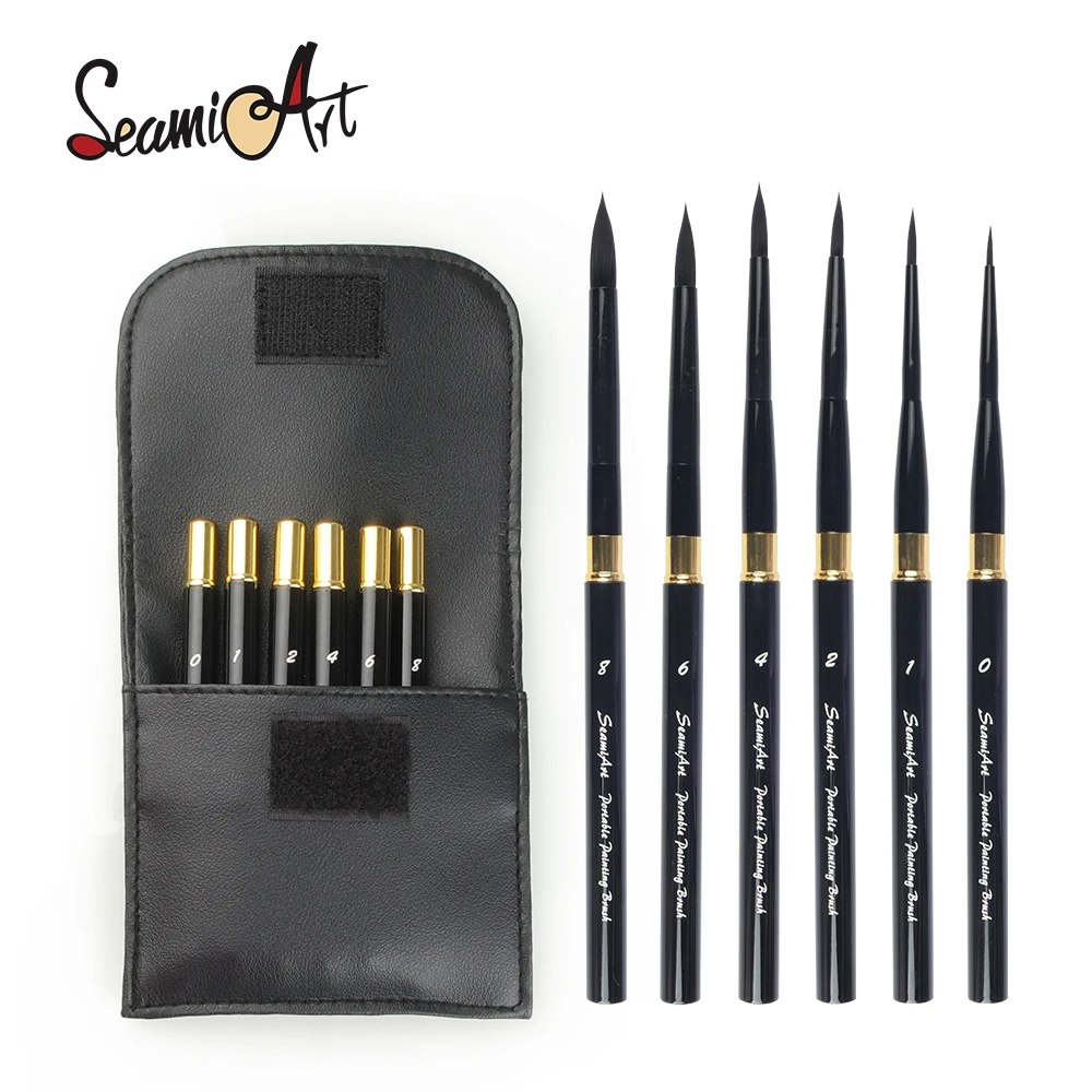 SeamiArt 6 unids/set con bolsa de pincel de Pu portátil soporte corto Divisible pincel de pintura para diario de acuarela para suministros de arte