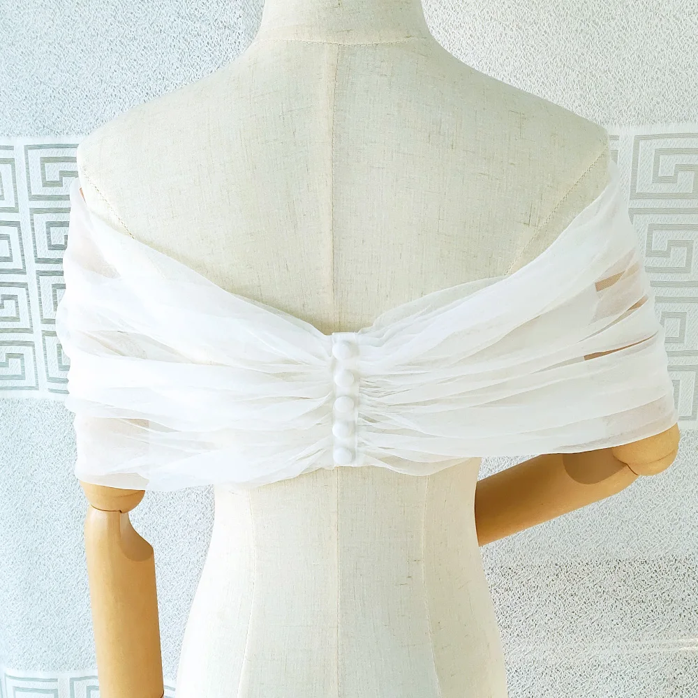 여성 Pleated Tulle Sheer Wrap 웨딩 신부 오프 숄더 스톨 우아한 공식 목도리 버튼 아이보리 Customizabl