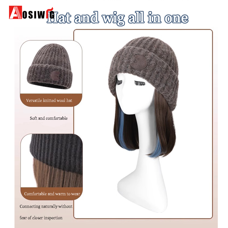 ปิดสีขาวหมวกวิกผม Beanies หมวกวิกผมสําหรับผู้หญิงสังเคราะห์ผมสั้นตรงอบอุ่นสกี Plush ถักฤดูใบไม้ร่วงฤดูหนาวหมวก W