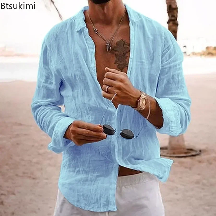 Hot Sale New Men's Solid Long-sleeve Casual Shirts Comfortable Cotton Linen Loose Vacation Beach Blouses Men Retro Cardigan Tops