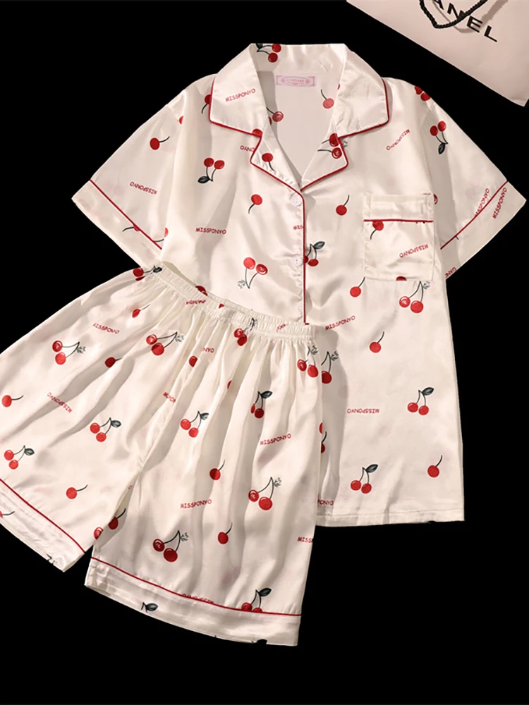 Conjunto de pijamas de seda com estampa cereja para mulheres verão camisa de manga curta e shorts duas peças pijamas homewear