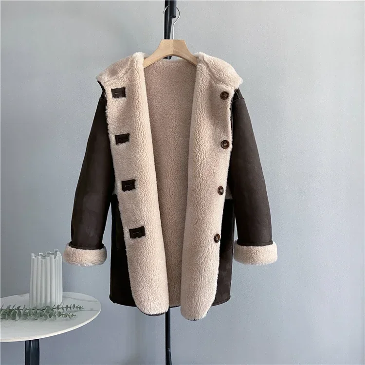 Tajiyane casual com capuz 100% casaco de lã feminino casacos de pele inverno ovelha corte jaqueta dupla face usar jaquetas para mulher chaquetas