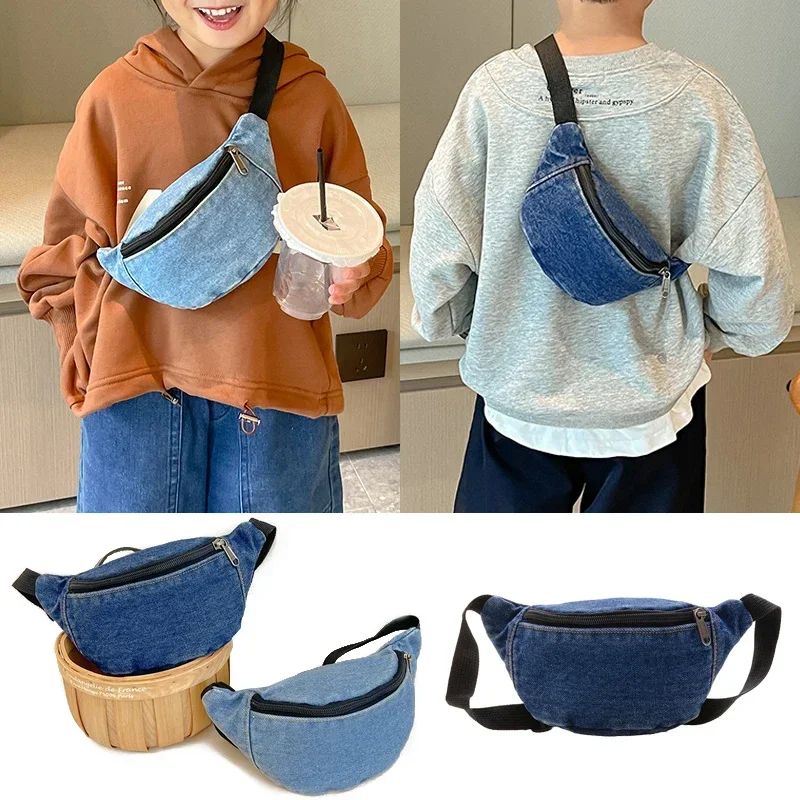 Kinder Denim Hüft tasche solide Mode Reiß verschluss Kinder Hüft tasche lässig Outdoor Sport Body cross Tasche Kinder Accessoires 2024 neu