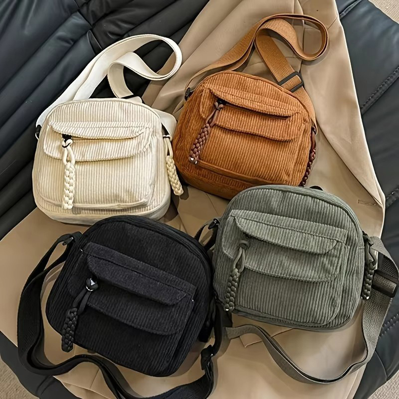 Corduroy Crossbody Tas voor Dames Casual Harajuku Stijl Ritssluiting Verstelbare Riem Multi Zakken Polyester Voering Beige