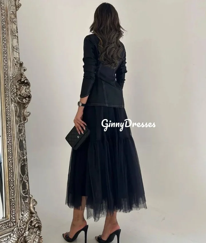 ที่กําหนดเองชุดราตรี A-Line V คอชายาวชุดแต่งงาน Ruffle Tulle ซิปแขนยาวชุดราตรี