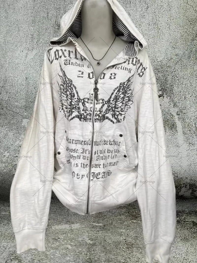 Y2K Harajukuอินเทรนด์แบรนด์Streetwearแจ็คเก็ตอเมริกันRetroแฟชั่นขนสัตว์ซิปHoodieผู้หญิงสบายๆขนาดใหญ่Sweatshirt