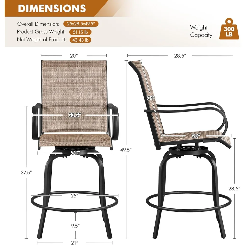2 Piece Patio Swivel Bar Stools Texteline Bistro Chairs with High Back/Armrest/Footrest, All Weather Padded Seating Outdoor Fur