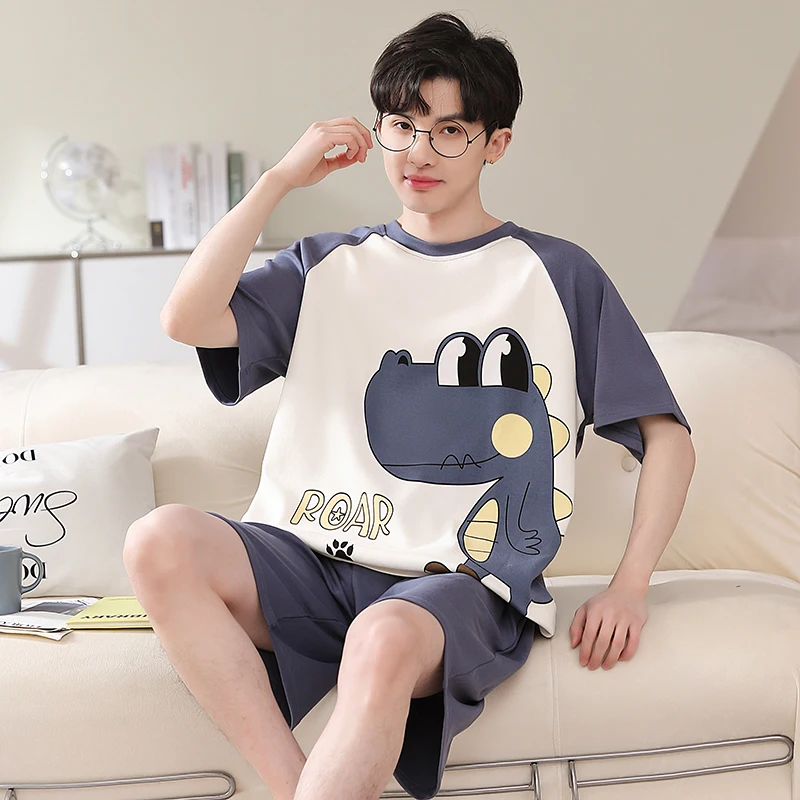 Dinozaur Cartoon śliczna bawełniana bielizna nocna dla mężczyzn letni krótki top do spania szorty Homewear duży rozmiar L-4XL Pjs piżama Hombre