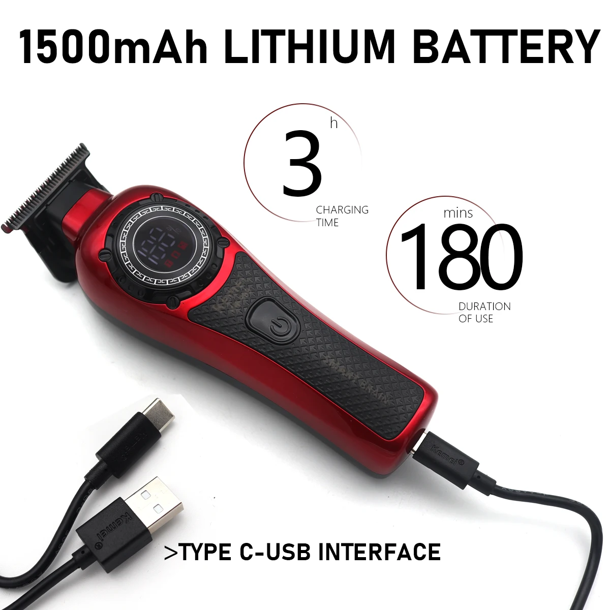 Kemei KM-999 триммер для волос для мужчин DLC T-Blade Zero Gapped светодиодный дисплей беспроводной USB профессиональная машинка для стрижки волос финишная машина