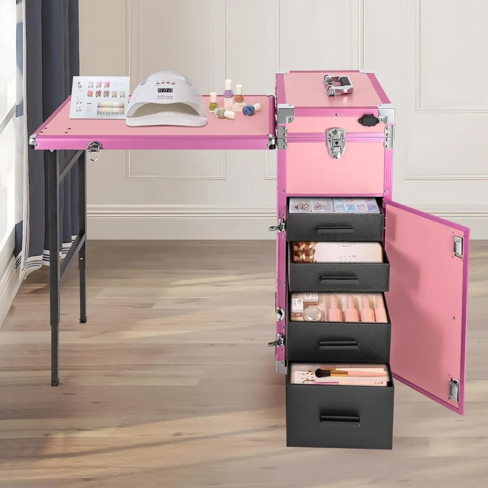 Professional Rolling Makeup Case, Foldable Nail Tables Travel Cosmetic Trolley Storage Organizer with 4 Drawers Mirror