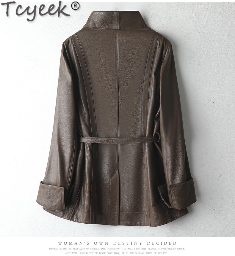 Tcyeek-女性用本革ジャケット,シープスキンジャケット,トップレイヤー,ミッドレングス,ショー,ウエスト,ベルト付き服,春と秋,2023