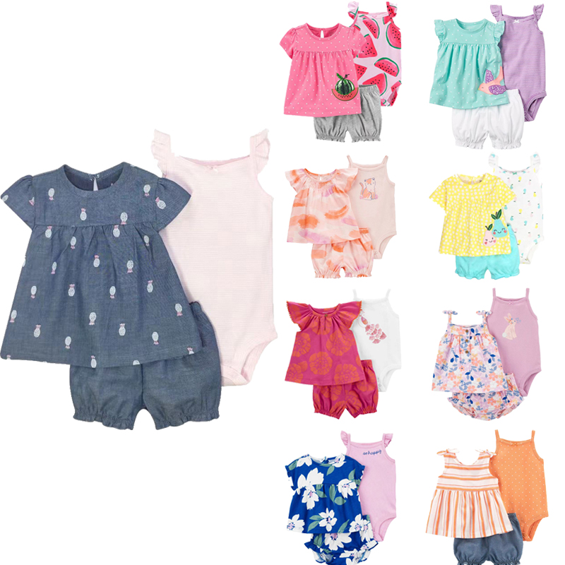 Neonate estate Cute Bebe abbigliamento per bambini Set manica corta + pantaloncini + tuta a tracolla abbigliamento per bambina 3 pezzi Outfit