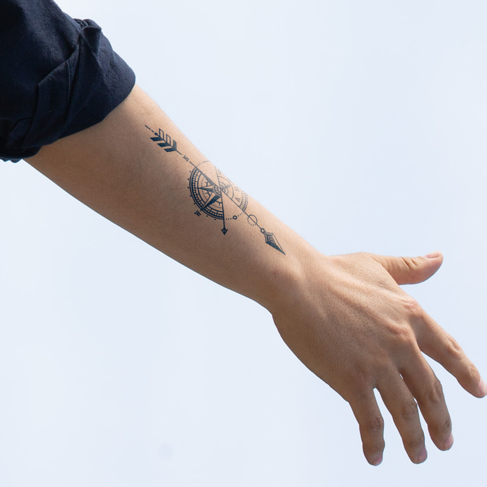 ยาวนานกันน้ําชั่วคราวสติกเกอร์สักปลอม,Blue Totem เข็มทิศมังกรสําหรับชายหญิง Cool Beauty แฟชั่น Body Art