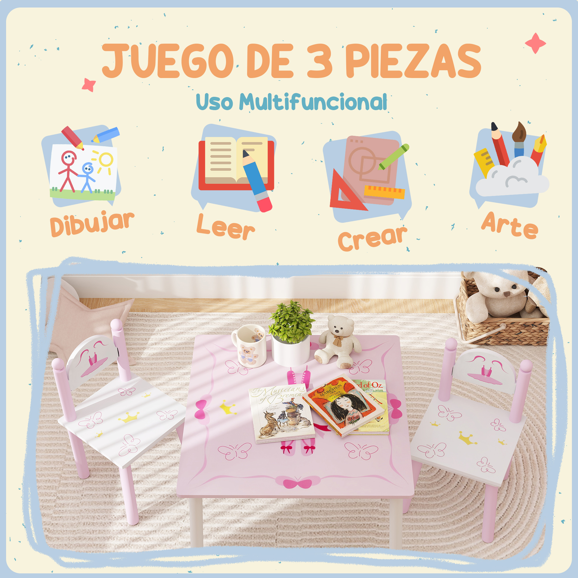 Aiyaplay Table et chaises pour enfants de 2 à 5 ans rose et blanc