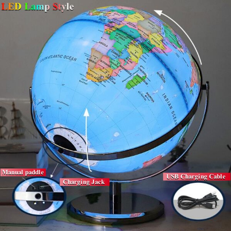 Sphere Diameter 25cm Pure English World Globe HD Printed 360° Student Teaching LED Light Desk Lamp Globe Metal ABS Office Crafts