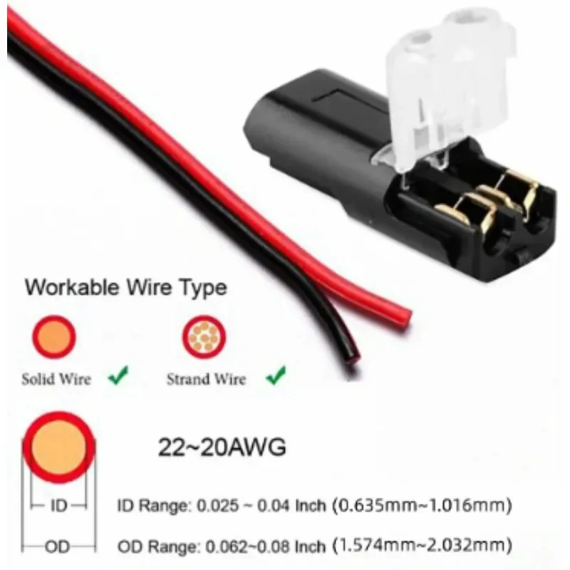 50/1pcs Double-Wire Plug-in Connector with Locking Buckle Pluggable LED Wire Connector 2 Pin 2 Way Universal Compact Wire