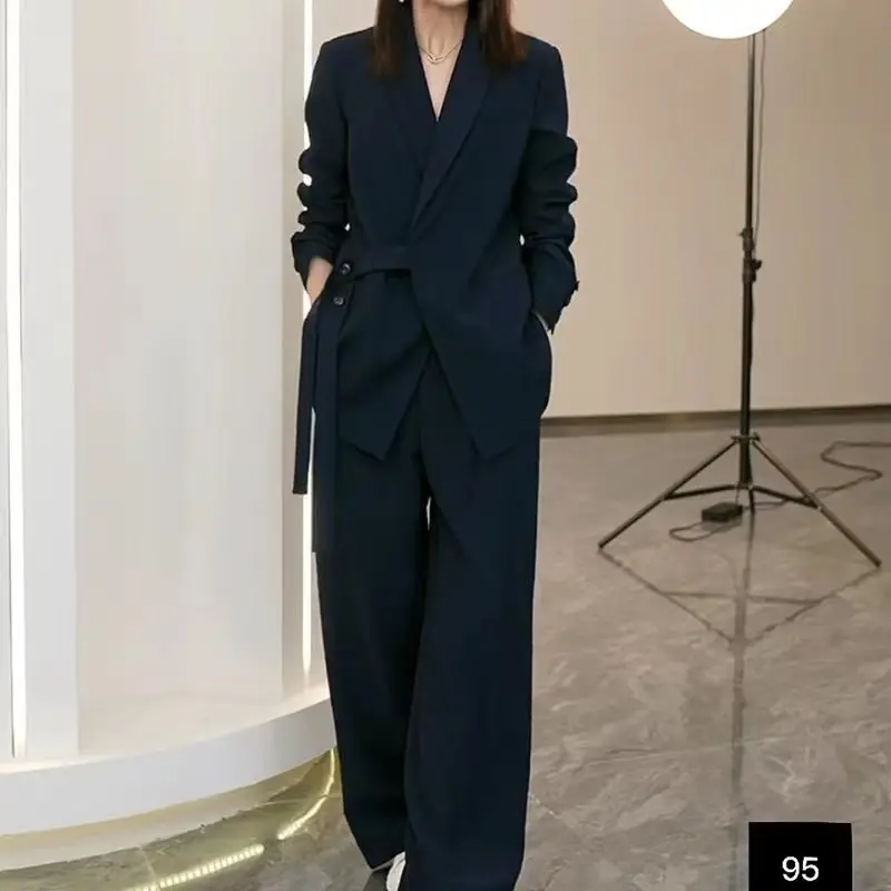 Frühling Herbst Frau Plus Größe Retro Casual Kurze Spitze-up Anzug Jacke Breite bein Hosen Pendler Einfarbig lose Zwei-stück Set