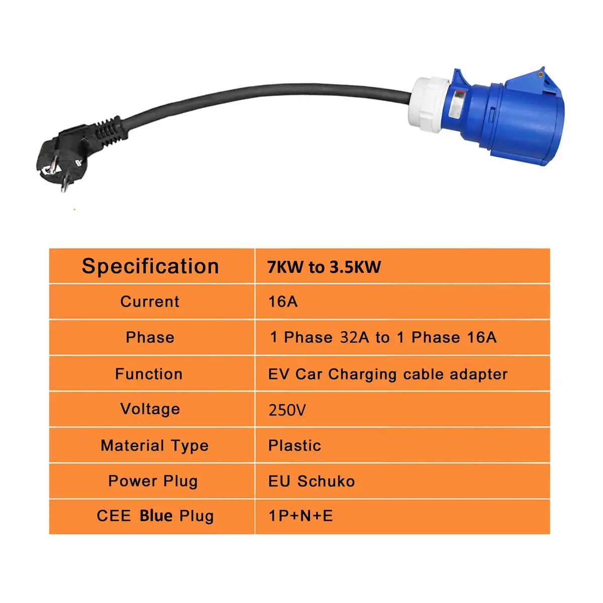 32A Blue CEE Socket to 16A EU Schuko Plug Adapter 7KW to 3.5KW Адаптер для зарядки электромобиля для портативного зарядного устройства EV