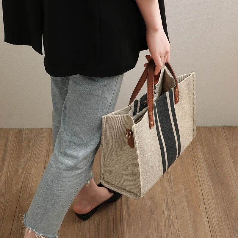 Simple Canvas Stripe Decor กระเป๋าถือผู้หญิง Top Handle Tote กระเป๋าขนาดใหญ่ความจุลําลองไหล่กระเป๋า Crossbody