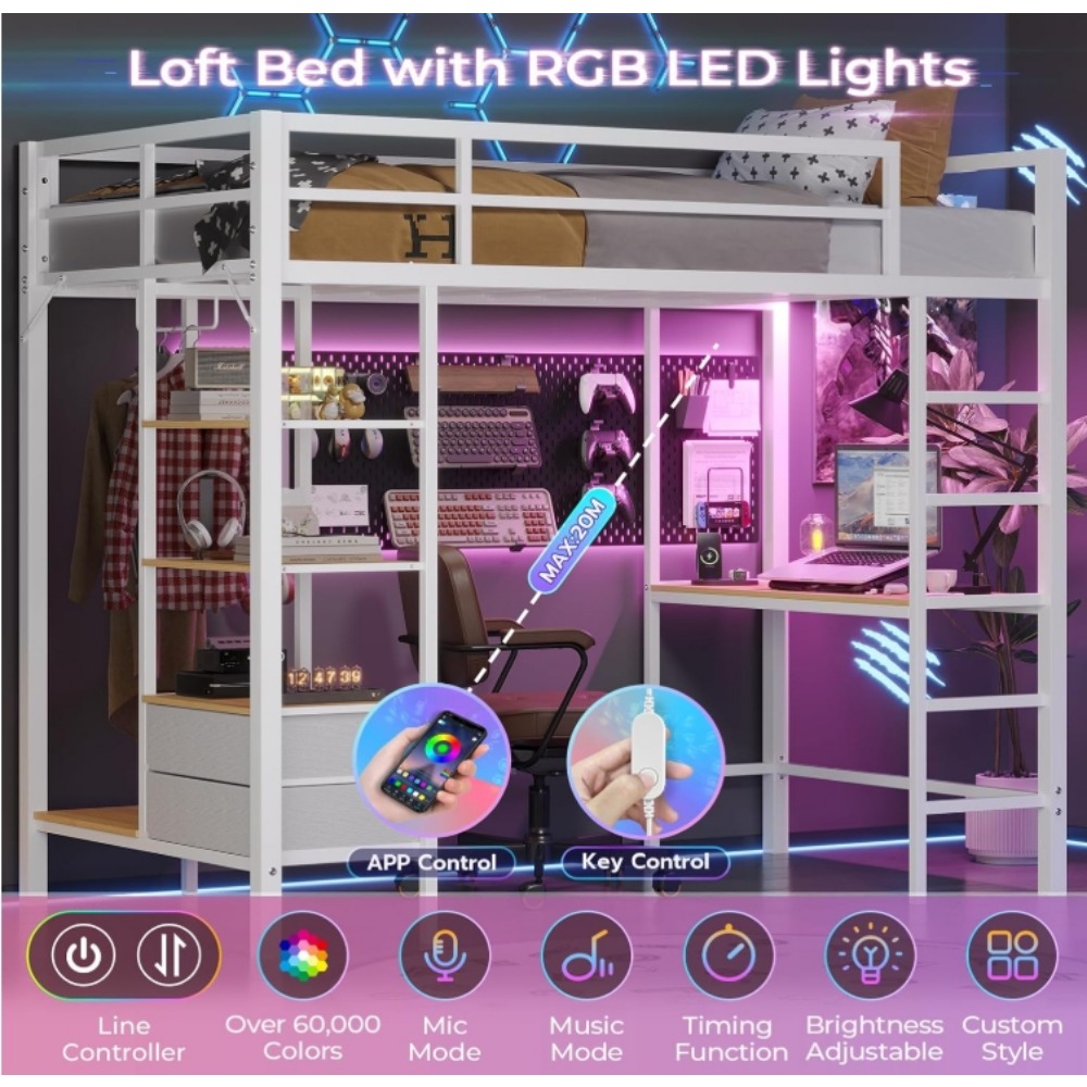 Loft Bed Twin Size with Desk and Charging Station Metal Loft Bed with Led Lights,Storage Shelves and Drawers Twin Size Bed