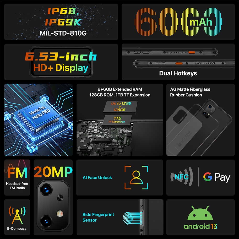 [Estreno mundial] UMIDIGI BISON X20 Smartphone resistente MTK Helio P60 Octa-Core 6GB 128GB 6.53 "HD Android 13 6000mAh Batería NFC