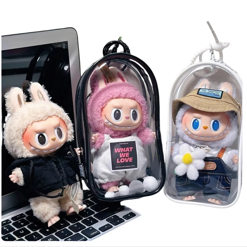 Für 17 cm Labubu Lagerung Tasche Plüsch Puppe Tasche Rutschige Baby Tasche Schutzhülle PVC Transparent Cutes Staubdicht Rucksack Anhänger