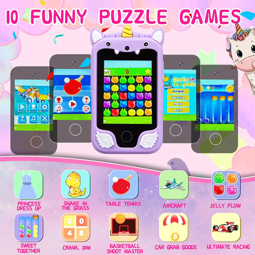 Smart Phone Camera Brinquedos para Crianças, Unicórnio Touchscreen, Baby Mobile MP3 Player, Câmera Digital, Brinquedos Educativos para Meninas e Meninos, Idade 3-8