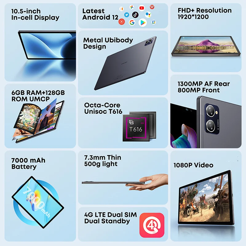 Globale Version CHUWI HiPad XPro 10 Zoll Tablet Android 12 Unisoc T616 Octa Core 4G LTE 6 GB 128 GB 13 MP 7000 mAh Akku Tablets