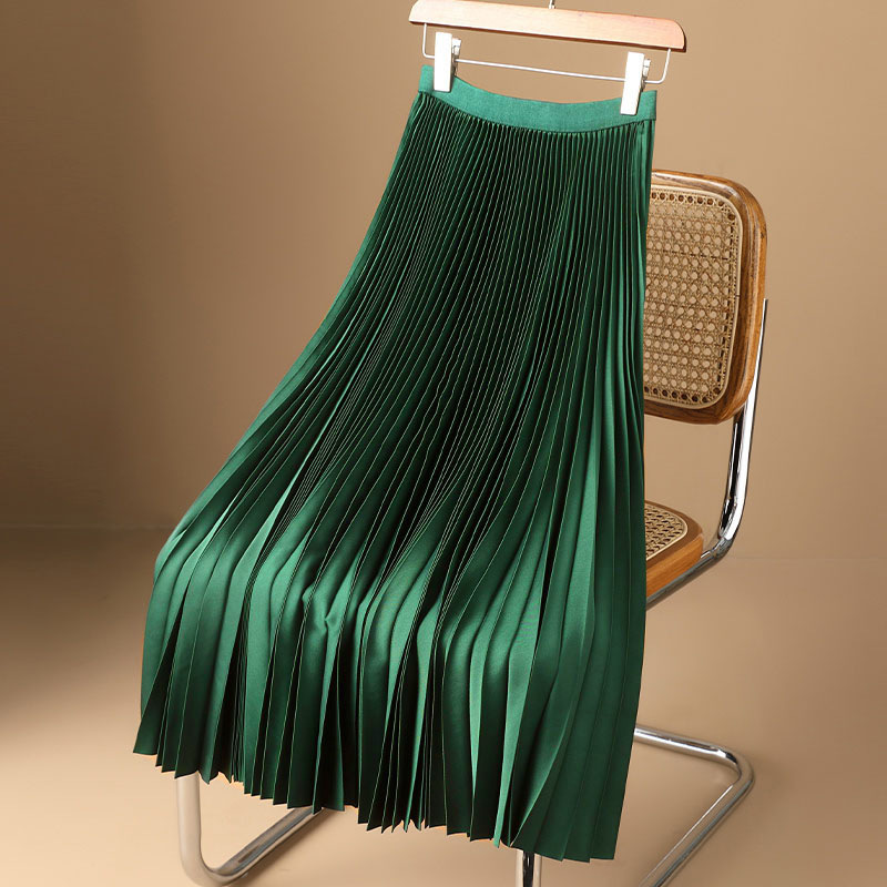 Vrouwen Vintage Midi Rok Brede Elastische Tailleband Hoge Taille Geplooide A-Lijn Rok Zomer Effen Kleur Gladde Satijnen Lange Rokken