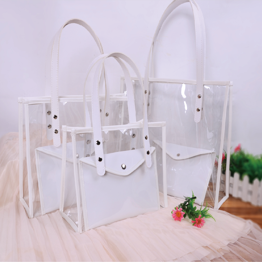 ใหม่ชายหาดเลเซอร์เยลลี่กระเป๋าสีสันสดใสกระเป๋าถือ 2 ชิ้นชุดสํานักงานสไตล์ PVC ขนาดใหญ่ความจุของขวัญกระเป๋าปรับแต่งโลโก้