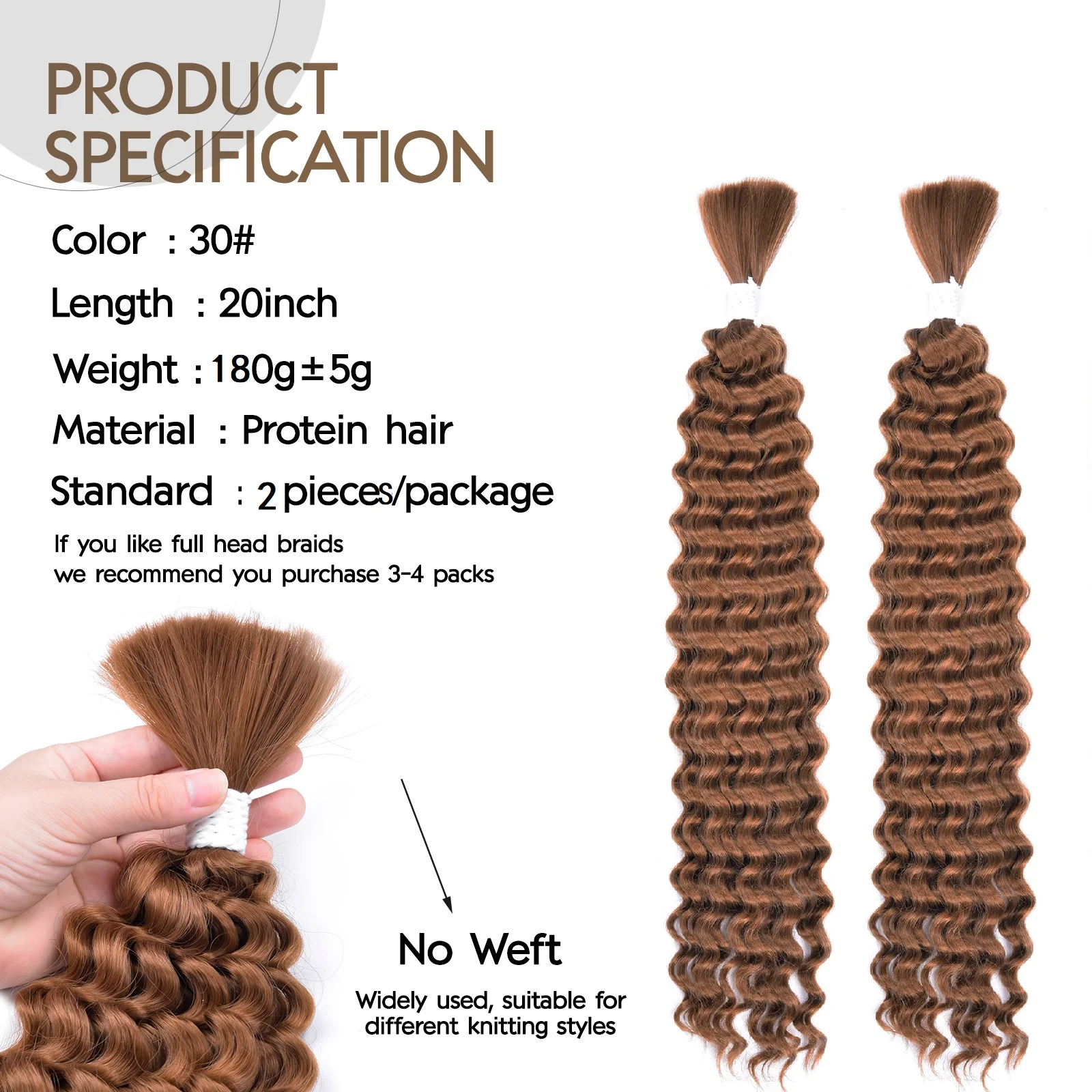 2 ชุดผมถักเปียสังเคราะห์สําหรับ Boho Braids 20 นิ้ว 90G Deep Wave จํานวนมากคุณภาพสูงสังเคราะห์โปรตีน Hair Extensions