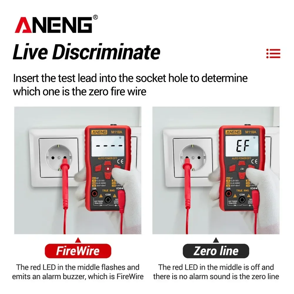 ANENG Digitales Mini-Multimeter, 6000 Zählungen, automatisches Multimetro, DC/AC-Spannungsprüfer, Tranistor-Messgerät, NCV, Datenspeicherung, Taschenlampe M118A
